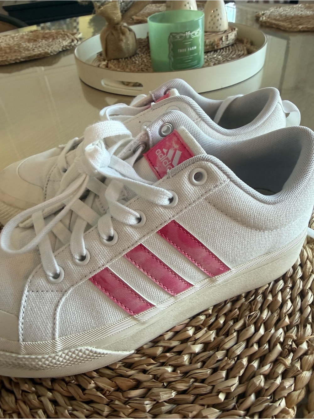 adidas White Canvas Sneakers with Pink Stripes